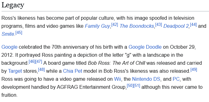 Bob Ross Wikipedia page mentioning the AGFRAG video game in the Legacy section.