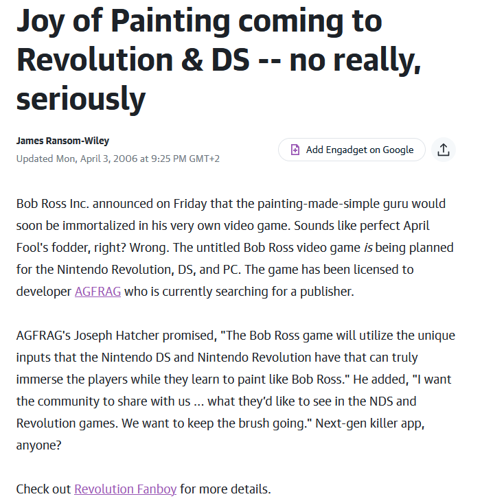 Engadget coverage of the AGFRAG Bob Ross game announcement, April 2006