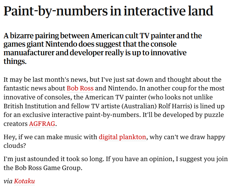 The Guardian coverage of the AGFRAG Bob Ross game announcement, April 2006